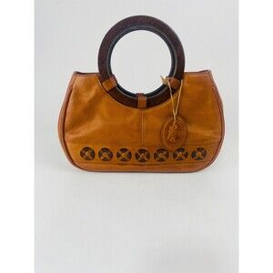 Vintage American Angel Tan Leather Handbag Wooden Handle Woven Accents